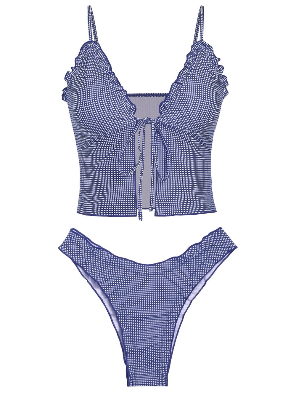 Scalloped Tie-Front Blue Gingham Bikini Set